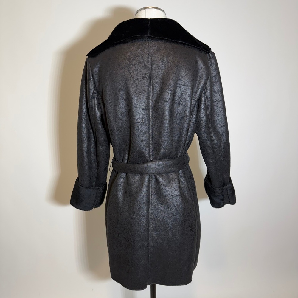 Calvin Klein Faux Suede/Shearling Fur Lined Trench Coat Belted Womens XS Black - Picture 6 of 12